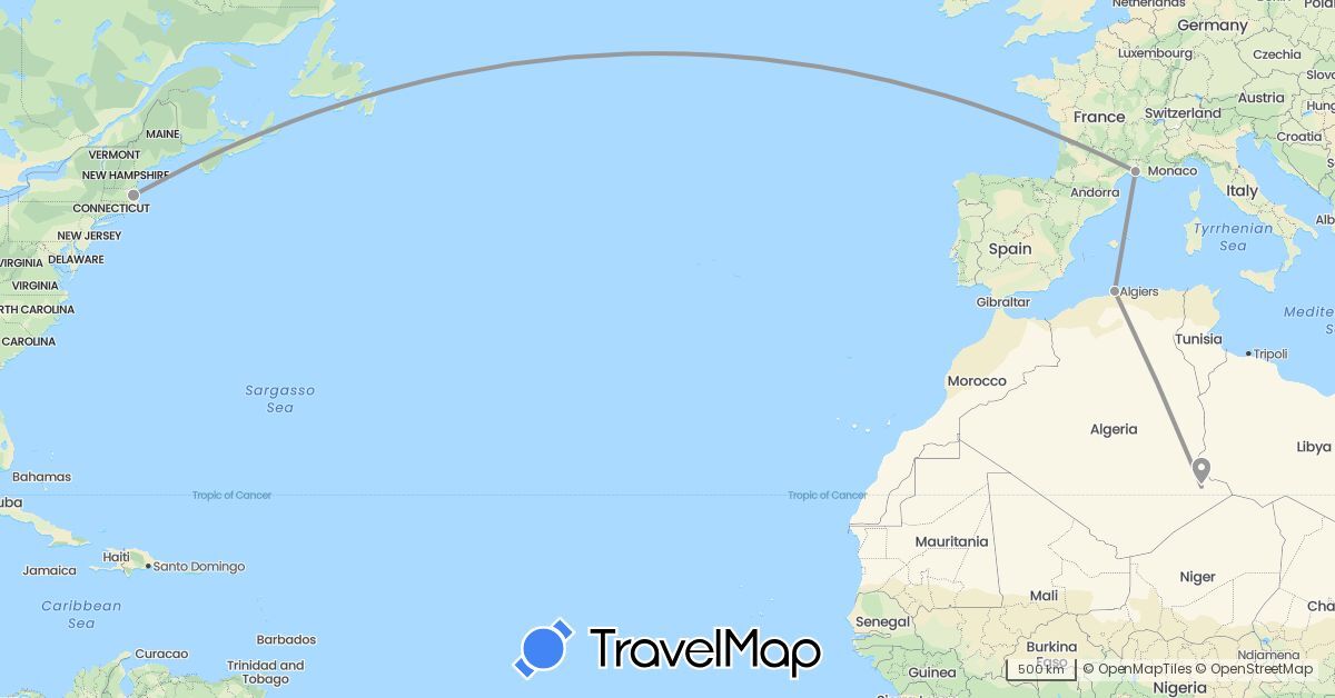 TravelMap itinerary: driving, plane in Algeria, France, United States (Africa, Europe, North America)